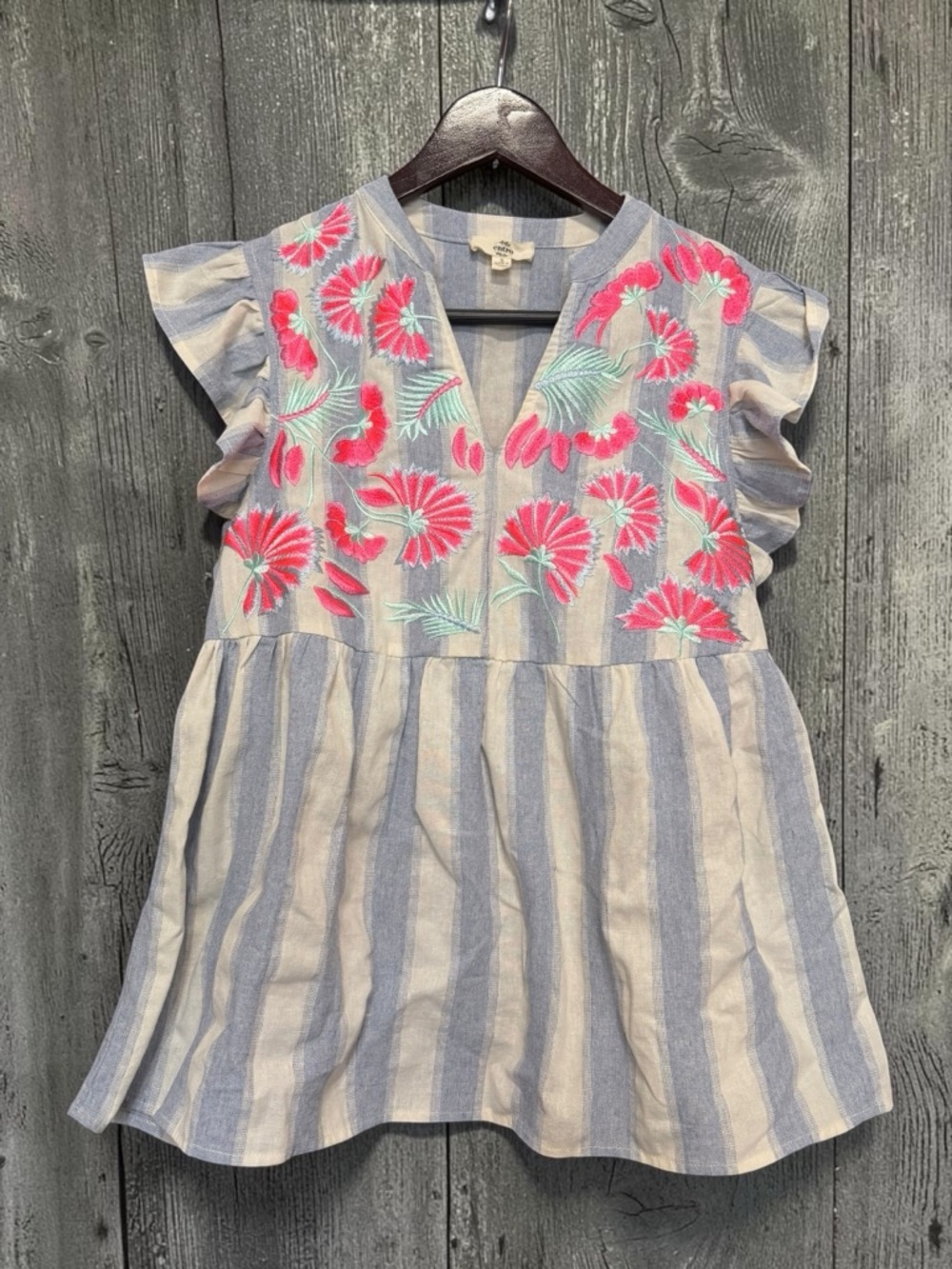 entro Striped Blue & White V-Neck Top with Pink Floral Embroidery